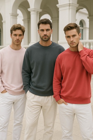 Rich Erkek 3'lü Paket Antrasit- Pudra- Nar Çiçeği Bisiklet Yaka Scuba Sweatshirt Antrasit