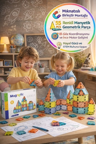 Magnetic 55 Parça Manyetik Yapı Blokları Eğitici Zeka Oyunu Renkli İnşa Seti Çocuk Kare Parça 5.5 Cm