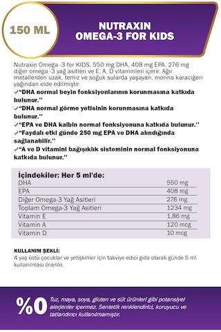 Nutraxin Omega 3 Balık Yağı 150 Ml Tutti Frutti Cod Liver - DHA 550 Mg EPA 408 Mg Çocuk