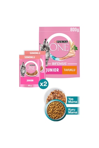 Purina One Junior Tavuk Yavru Kedi Maması 800 G + Junior Somonlu Yavru Kedi Maması 2 x 85 G