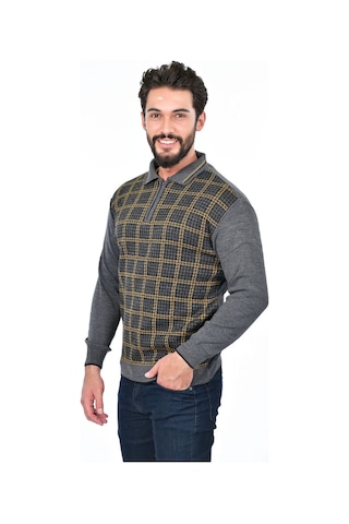 Kamalı Yakalı Baba Kazak Çizgili Baba Kazak Baba Triko Yakalı Erkek Kazak Polo Yaka Gri