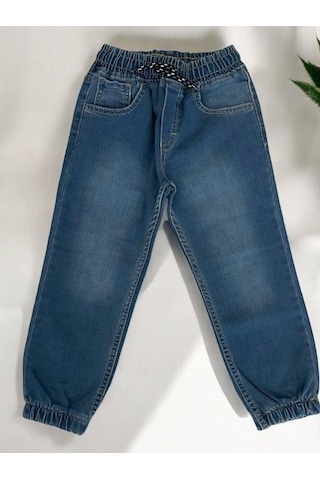 Çocuk Beli Paçası Lastikli Lycralı Kot Pantolon-14954 Mavi