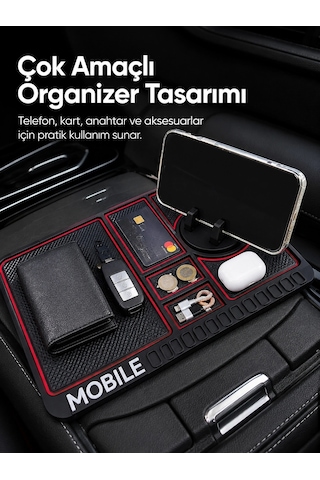 Mey İthalat Araç İçi Kaydırmaz Organizer Mat Telefon Standlı Çok Amaçlı Konsol Düzenleyici