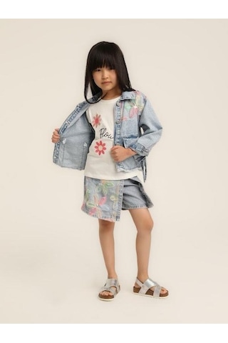 Kız Çocuk Çiçek Desenli Kot Ceket-15617 Mavi