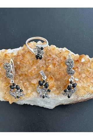 Aysesa Otantik Oniks Taşlı Kadın Gümüş Set 2küpe+kolye+yüzük 925 Ayar