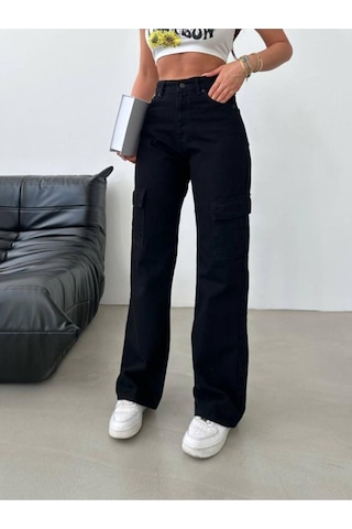 Lavajeans Siyah Solmaz Altı Cep Kargo Pantolon Yüksek Bel Wide Leg Siyah Bej