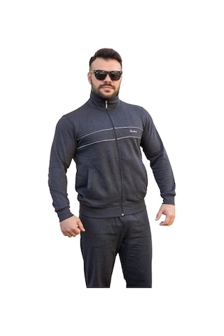 Antrasit Dik Yaka Nakış Detaylı Rahat Kalıp Fermuarlı Erkek Eşofman Takımı 21eestbbkt Antrasit