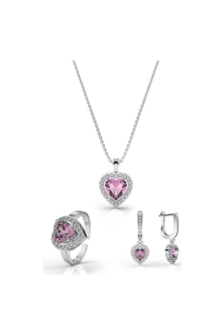 925 Ayar Pembe Taşlı Rodyum Pırlanta Işıltılı Kalp 3'lü Gümüş Set-takım Ayarlanabilir Rs10052 Gümüş