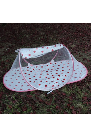 Çantalı Katlanabilir Bebek Cibinlik Gölgelik Çadırı 60x120 Cm Kalp Desenli, Sinek Ve Haşere Koruma