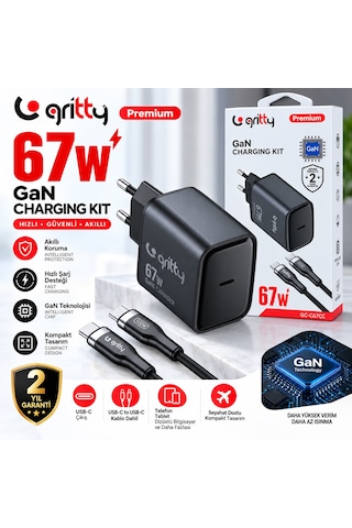 Gan 67w Notebook Şarjlı Usb-c Hızlı Şarj Aleti+type-c To Type-c Şarj Kablosu 100cm Siyah