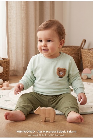 Deniva Kids Erkek Bebek Ayıcıklı Pamuklu Kışlık/bahar Mevsimlik Alt Üst Takım - 9 - 12 Ay Haki