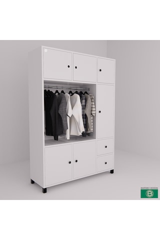 Elbise Dolabı Beyaz 6 Kapaklı 2 Çekmeceli Askılı