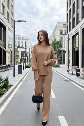 Newco Taş Baskılı Kadın Alt Üst Takım Oversize Kazak Pantolon Set Ekru