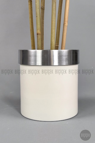 Biçiçek Yapay Bambu Ağacı 170cm Krem Silver Metal Saksıda