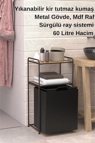 2 Katlı Çamaşır Sepeti Kirli Sepeti Ahşap Raflı Banyo Dolabı Banyo Düzenleyici Organizer Mat Siyah Mg100 Siyah