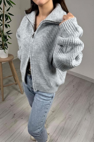 Explode - Kadın Premium Gri Çift Fermuarlı Overisize Triko Kazak Gri