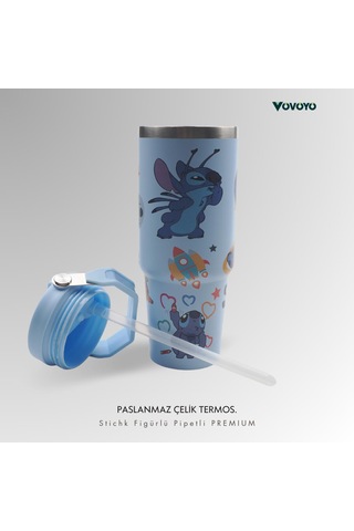 Figürlü Premium Paslanmaz Çelik Termos Mavi