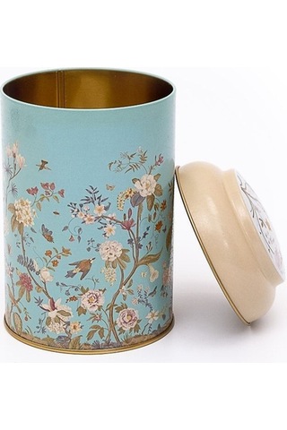 Flora Blue Desenli Yuvarlak Metal Saklama Kabı, 10,5 X 15 Cm, 1,1 Lt Desenli