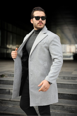 Slim Fit Astarlı Uzun Kaşe Kaban Orta Gri