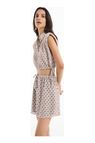 Modern Etnik Desenli Yüksek Bel Mini Etek Ve Bağlamalı Bluz Yazlık İkili Takım Kahve