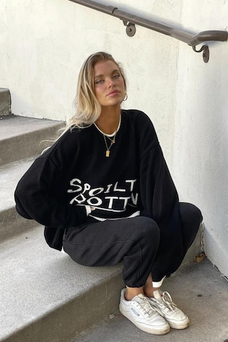 Madmext Siyah Yazılı Oversize Bisiklet Yaka Kadın Kazak Mg1596 - Siyah
