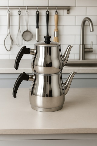 Yunusoğlu Home Klasik Çaydanlık Takımı 0,8l Demlik 1,25l Alt Demlik Paslanmaz Çelik Soğuk Tutma Saplı Gri