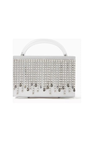 L Afshar L Afshar Minelli Clutch Metalik Akrilik & Kristal Püsküllü Işıltılı Gece Çantası Portföy Çanta Beyaz