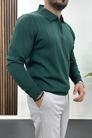 Erkek Yarım Fermuarlı Polo Yaka Mevsimlik Kazak Yeşil Edw195 Yeşil