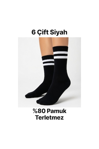 6 Çift Beyaz Siyah Çizgili Desenli Tenis Çorap Sporcu Çorabı Uzun Erkek Spor Çorap