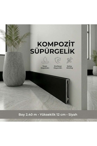 Espumo Kompozit Süpürgelik 12 cm Siyah | Suya Dayanıklı Parke Duvar Süpürgelik 2,40 m ESP506