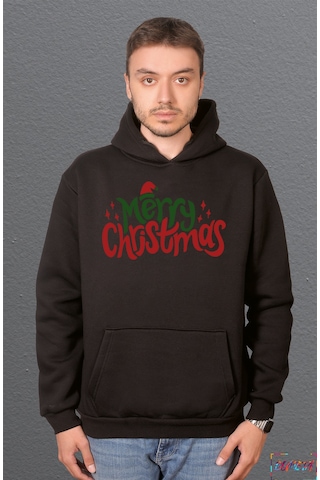 Bumeta Merry Cristmas Noel Sweatshirt Unisex Kapüşonlu Hoodie Siyah