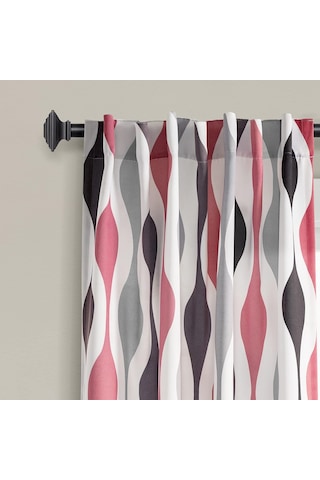 Mid Century Geo Işık Filtreleme Pencere Perdesi Panel Çifti, 241 Cm U X 132 Cm G, Mercan Ve Gri