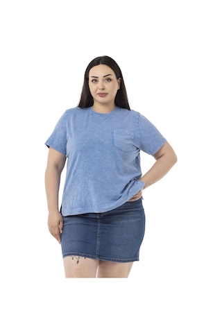 Disentis Büyük Beden Parça Boyalı Bisiklet Yaka Kavisli Yırtmaçlı Mavi T-shirt-mavi Mavi