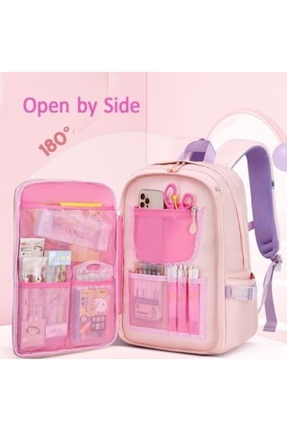Tcherchi Tavşan Detaylı Su Geçirmez İlkokul Sırt Çantası Pembe Ahşap
