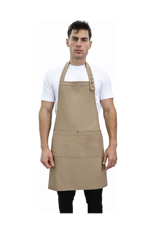 Düz Cepli Ayarlanabilir Düğmeli Arkadan Bağcıklı Önlük 3004 Taba