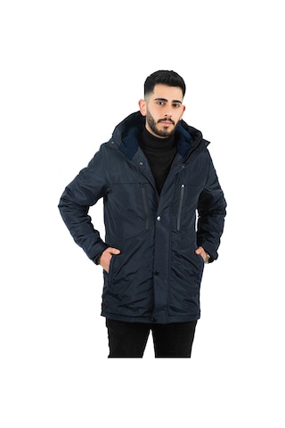 Erkek Polarlı Su Ve Rüzgar Geçirmez Kapüşonlu Kışlık Mont & Kaban & Parka Lacivert