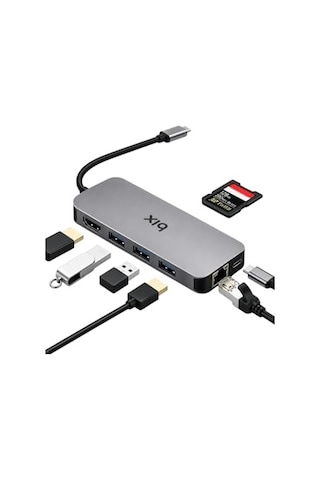 Bx10hb 8'i1 Arada Type-c Hub 4k 30hz Hdmı Bağlantı, 100w Pd Güç Dağıtımı C Tipi Şarj Bağlantı Noktası, 1gbps Ethernet, 3 Usb 3.0, Macbook Pro/air, Windows, Chrome/android Uyumlu Çoklayıcı Adaptör