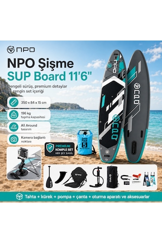 Npo Aqua Gray 350x84x15cm Şişme Military Sup Paddle Board 196kg Kürek Pompa Çanta Koltuklu Full Set