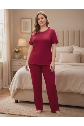 Derya Kadın Bambo Büyük Beden Düğme Yaka İnce Kısa Kol Pijama Takımı 7941 - 1 Adet Bordo