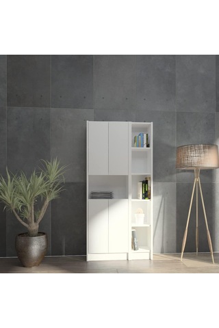 Flat85 Kitaplık 4 Kapaklı Kütüphane Çok Amaçlı Dolap Beyaz Çok Renkli