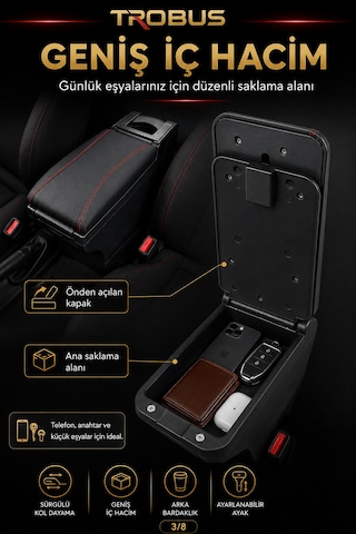 Trobus Hyundai Getz 2002-2011 Uyumlu Ayarlanabilir Ayaklı Kolçak Kol Dayama Siyah-kırmızı