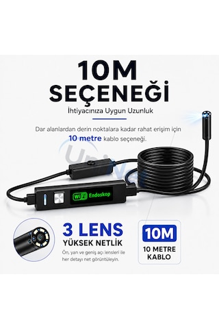 Uninet Iphone Için 10 Metre Wifi Özellikli 3 Kameralı Endoskop Yılan Kamera 1080p Hd