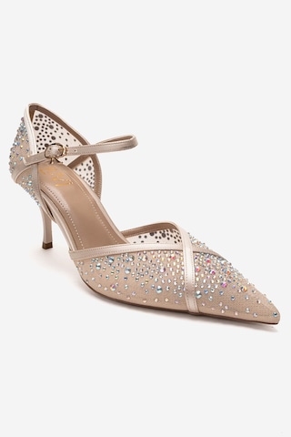 Luvishoes Rachel Bej Saten Taş Detaylı Fileli Kadın İnce Topuklu Abiye Ayakkabı