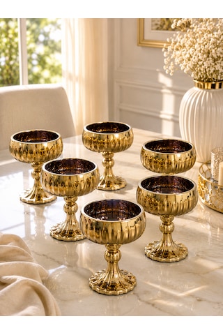 6 Lı Gold Kaplama Cam Ayaklı Kahve Yanı Lokumluk Kase Sosluk Kahvaltılık 75ml