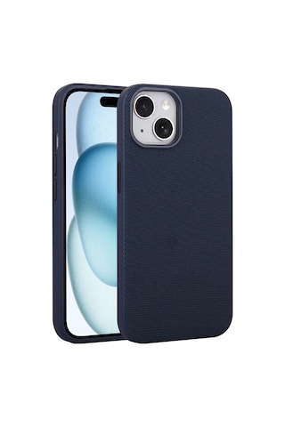 Maks Technology Apple Uyumlu iPhone 15 Kılıf M-safe Şarj Özellikli Kumaş Tasarımlı Mkst Miami Sert Pc Kapak - Lacivert