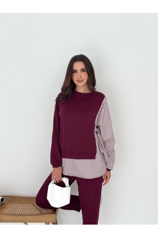 Kadın Gömlek Detay Çizgili Yandan Bağlamalı Ikili Takım Bordo
