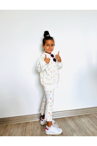 Kız Çocuk Çiçek - Leopar Detaylı 3 İplik Alt Üst Takım Sweatshirt + Tayt Çiçekli