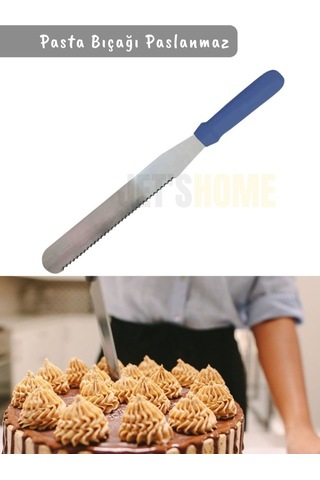Pasta Bıçağı Tırtıklı Pasta Spatulası Paslanmaz Çelik 38 Cm Mavi-gümüş