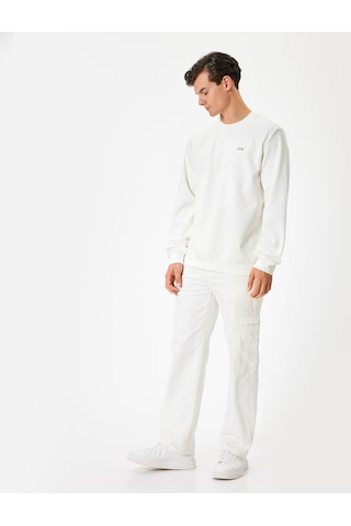 Koton Bisiklet Yaka Sweatshirt Minimal Baskılı İnterlok Kumaş Pamuk Karışımlı Beyaz 5wam70084mk Beyaz