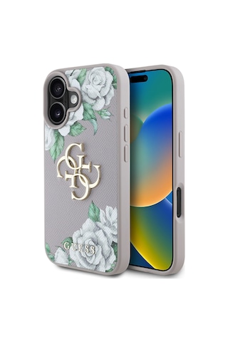 Apple Uyumlu iPhone 16 Kılıf Guess Lisanslı Gül Baskılı Büyük Metal Logo Dizaynlı Kapak Mor
